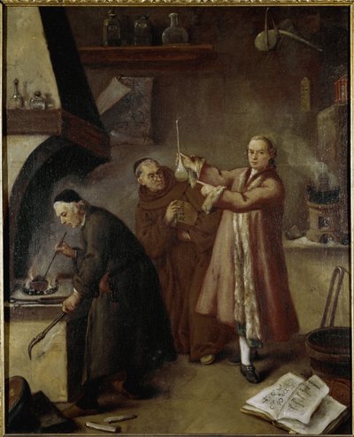 Alchymistická laboratoř. Obraz od Pietra Longhiho (1702-1785) Muzeum Palazzo Ca 