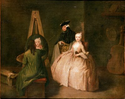 Malířský ateliér Malíř před stojanem zobrazuje mladou ženu. Obraz Pietra Longhiho (1702-1785) 1740-1745 Ne. 44x53 cm Benátky, Ca 