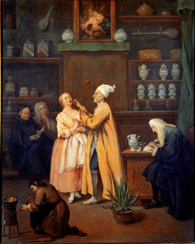 Lékárník. Obraz Pietra Longhiho (1702-1785). 1752 (Aloe Vera v popředí) Galleria dell