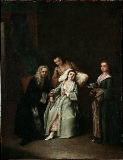 Nemocná Návštěva lékaře, který měří tep nemocných Malba Pietra Longhiho (1702-1785) 1741 Rozměr 52x41 cm Benátky, Ca Rezzonico, č. 134 od Pietro Longhi