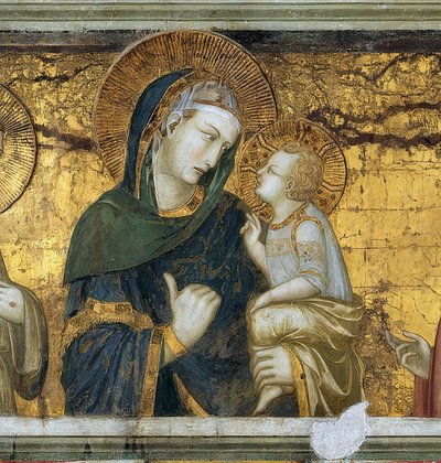 Panna s dítětem mezi Františkem z Assisi a Janem Evangelistou. Detail. 1315-1319 od Pietro Lorenzetti