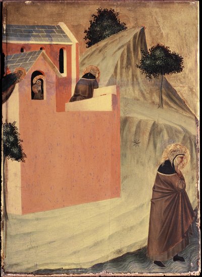 Světec opouští klášter sv Perpetua a překračuje řeku Lamone (Polyptych života svaté Pokory) - Detrempe na dřevě 14. stol. od Pietro Lorenzetti
