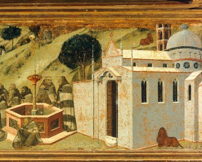 První karmelitští poustevníci u Eliášova pramene, detail z predely oltářního obrazu pro Carmine, Pietro Lorenzetti (asi 1280-1348), tempera a zlato na dřevě, Pinacoteca Nazionale, Siena od Pietro Lorenzetti
