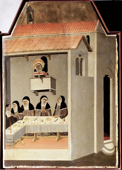 Negramotný světec čte zázračně (Polyptych života svaté Pokory) - Detrempe na dřevě 14. stol. od Pietro Lorenzetti