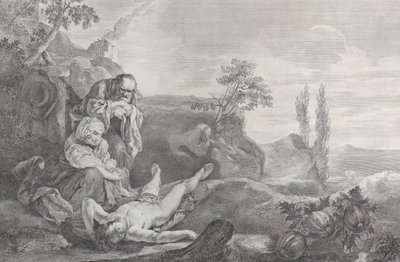 Adam a Eva vlevo, jako starší manželský pár, truchlící nad mrtvolou Ábela, který leží v..., 1743-63. od Pietro Monaco