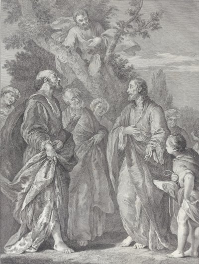 Obrácení Zachea, s Kristem vpravo oslovujícím celníka, který je sídlem..., 1730-39. od Pietro Monaco