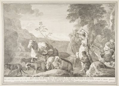 Ezau a jeho rodina se rozcházejí s Jákobem Ezau se svými manželkami syny a substancemi sepa ..., 1743-63. od Pietro Monaco