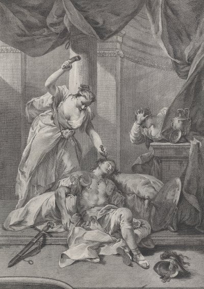 Jael zatlouká stanový kolík do chrámu spícího Sisery, napravo se..., ca. 1730-39. od Pietro Monaco