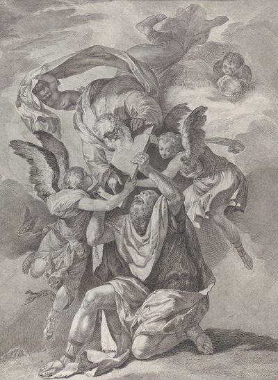 Mojžíš přijímá desky zákona od Boha, který sestupuje z nebes, z..., ca. 1730-39. od Pietro Monaco