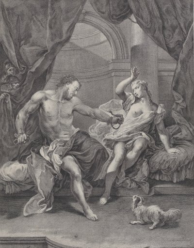 Samson a Delilah seděli na posteli, Samson trhal provazy, které mu svazovaly ruku..., ca. 1730-39. od Pietro Monaco
