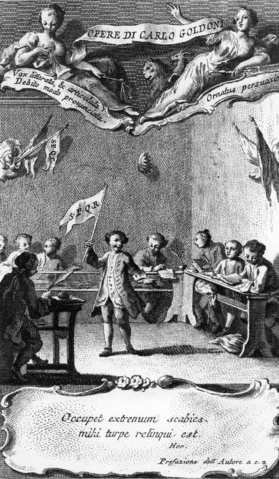 Carlo Goldoni mává vlajkou na oslavu ukončení svého roku na jezuitské škole v Perugii, z „Opere di Carlo Goldoni“, vyryl Antonio Baratti, 1761 od Pietro Novelli