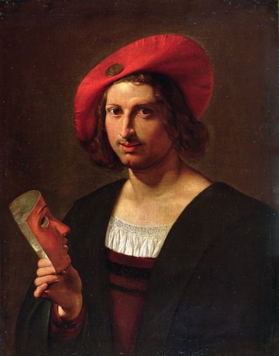 Portrét mladého muže v klobouku s odznakem, držícího masku (olej na plátně) od Pietro Paolini