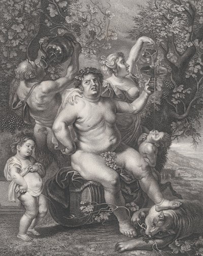 Bakchus seděl na sudu před vinnou révou, s bakchanty, satyry a dětmi, 1758. od Pietro Peiroleri