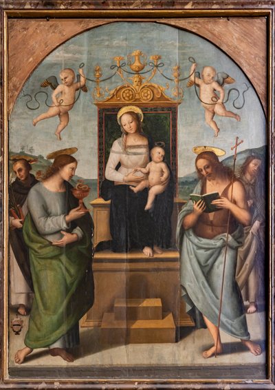 Panna trůnící mezi sv. Gervasem, Protasiem, Pavlem a Petrem od Pietro Perugino