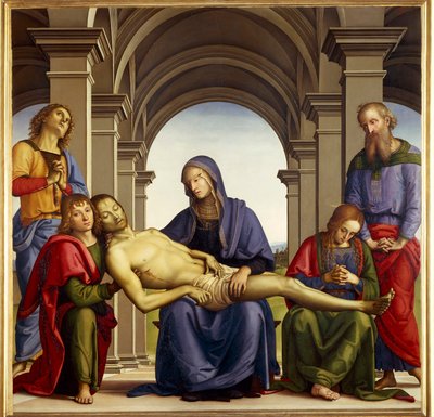 Kolem těla Ježíše Krista jsou vyobrazeni pieta: svatý Josef z Arimatie, svatá Nikodéma, svatá Máří Magdalena, svatý Jan a Panna Maria. Obraz Pietro di Cristoforo Vannucci dit Le Perugin (Il Perugino od Pietro Perugino
