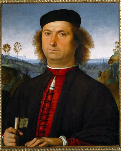 Portrét Francesca delle Operere. Drží svitek s výrazem „Timete deum“ (Bojte se Boha) od Pietro Perugino