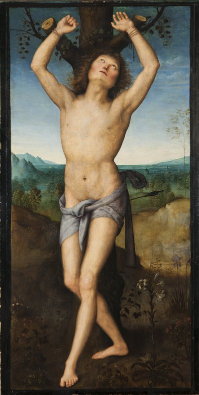 Saint Sebastien - Svatý Šebestián, od Perugina (asi 1450-1523). Olej na dřevě. Rozměr: 174 x 88 cm. Národní muzeum Stockholm od Pietro Perugino