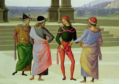 The Marriage of the Virgin, detail čtyř mužů v rozhovoru, 1500-04 detail olej na plátně z 53750 od Pietro Perugino