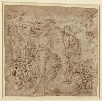 a) Křest Krista; b) Zahalená postava držící knihu a muž držící sekeru s postavou, asi 1475 (pero a hnědý inkoust) od Pietro Perugino