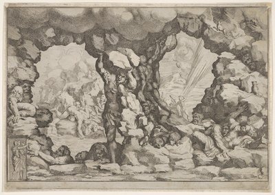 Obr zvedá balvan uprostřed, další obři nalevo a napravo zápasí a nahlížejí..., ca. 1680. od Pietro Santi Bartoli