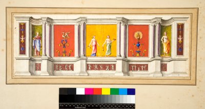 Dlouhá stěna se sedmi panely s úzkým vlysem dole (černá křída, některé s perem a hnědým inkoustem, obarvené akvarelem) od Pietro Santi Bartoli