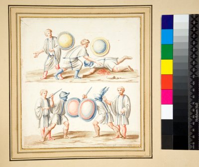Kopie mozaiky dvou gladiátorských scén (černá křída, některé s perem a hnědým inkoustem, obarvené akvarelem) od Pietro Santi Bartoli