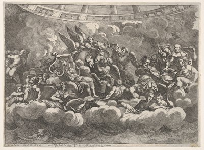 Shromáždění různých olympských bohů a mytologických postav mezi mraky, Apollo at ce..., ca. 1680. od Pietro Santi Bartoli