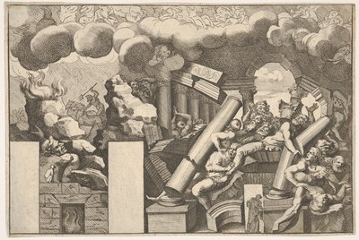 Obři drcení kameny a padajícími sloupy chrámu, oblaka kouře nad..., ca. 1680. od Pietro Santi Bartoli