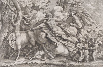 Io vlevo jako kráva, Jupiter na oblaku uprostřed a Juno vpravo s pu..., 1650-90. od Pietro Santi Bartoli