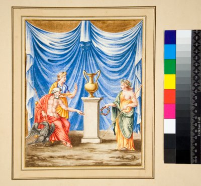 Jupiter sedící vlevo s Orlem a ženskou postavou (černá křída, někteří s perem a hnědým inkoustem, obarveno akvarelem) od Pietro Santi Bartoli