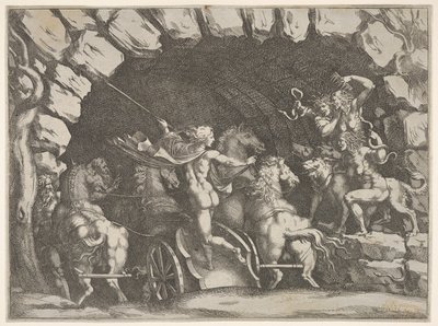 Pluto, viděno zezadu, vstupuje do podsvětí na svém voze, Cerberus a tři Fu..., ca. 1680. od Pietro Santi Bartoli