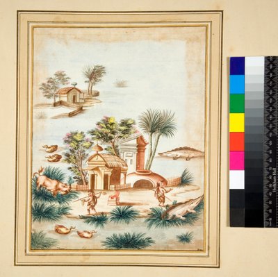 Říční scéna se dvěma pygmeji na ostrově (černá křída, někteří s perem a hnědým inkoustem, obarveni akvarelem) od Pietro Santi Bartoli