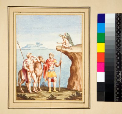 Dvě postavy a Sphynx (černá křída, některé s perem a hnědým inkoustem. obarvené akvarelem) od Pietro Santi Bartoli
