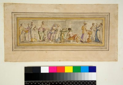 Klenba vily Madama (černá křída, některé s perem a hnědým inkoustem. obarvené akvarelem) od Pietro Santi Bartoli