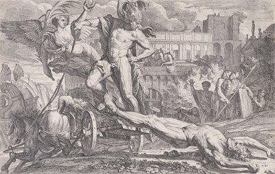 Achilles táhnoucí tělo Hektora kolem hradeb Tróje, 1648-50. od Pietro Testa