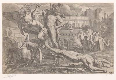 Achilles s Hektorovou mrtvolou za svým vozem od Pietro Testa