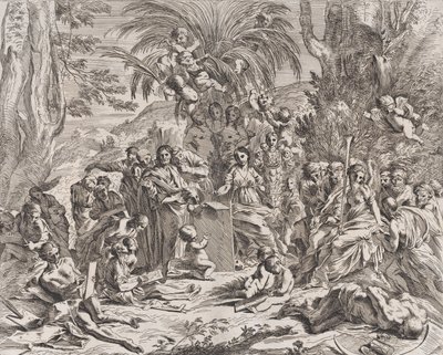 Alegorie malby, která jako dítě uprostřed vlevo kreslí na desku, obklopuje..., 1637-38. od Pietro Testa
