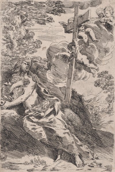 Marie Magdaleny na poušti, kříž nesený anděly vpravo, ca. 1630. od Pietro Testa