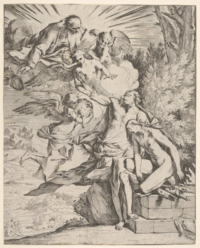 Obětování Izáka: anděl tlačí na rameno Abrahama nesoucího dýku, který ..., asi 1645-50. od Pietro Testa