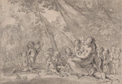Zahrada lásky, žena představující Charitu vpravo obklopená dětmi, ..., ca. 1631-37. od Pietro Testa