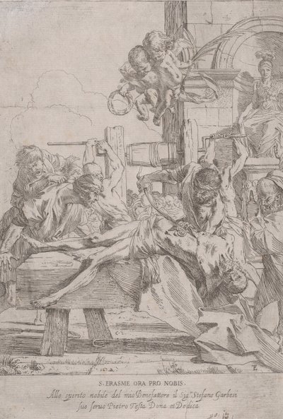 Umučení svatého Erasma, který leží na zemi a má odstraněné vnitřnosti, dva putti a..., ca. 1630. od Pietro Testa