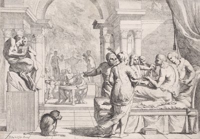 Marnotratný syn sedí na pohovce a podává víno, v pozadí veselí, mo..., ca. 1645. od Pietro Testa