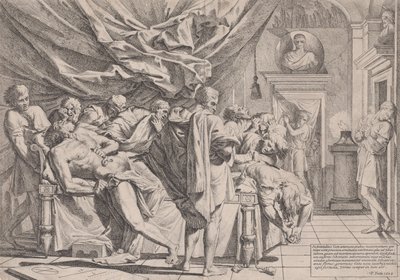 Sebevražda filozofa Cata, který leží na posteli a vytahuje si vnitřnosti, sledoval b..., 1648. od Pietro Testa