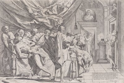 Sebevražda filozofa Cata, který leží na posteli a vytahuje si vnitřnosti, sledoval b..., 1648. od Pietro Testa