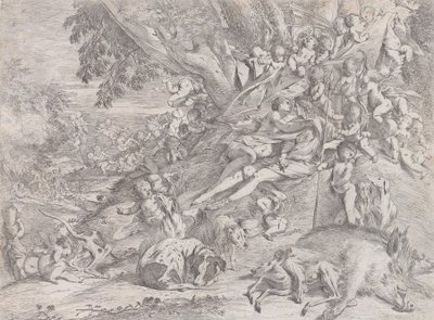 Venuše a Adonis, obklopeni mnoha putti, ležící po lovu, s mrtvým kancem ..., 1631-37. od Pietro Testa