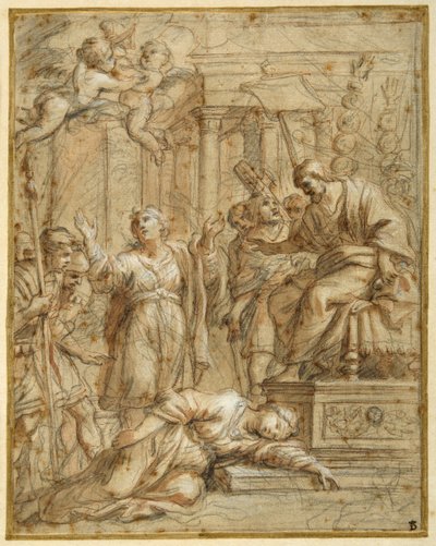 Svatá Bibiana leží umučena před prefektem Apronianem (černá křída s perem a inkoustem a mytí na papíře) od Pietro da (1596 1669) Cortona