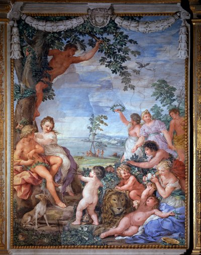 Alegorie čtyř věků, zlatý věk Freska od Pietra da Cortona (Kámen z Cortony) (1596-1669) 1637 Salle du Poele (Stanza della Stufa), Palatinská galerie, Palazzo Pitti, Florencie od Pietro da Cortona
