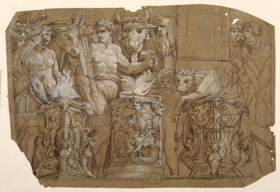 Starožitná oběť a svatba Persea a Andromedy, po Polidoro da Caravaggio (kolem 1499-1543) (pero a hnědý inkoust s hnědým povrchem zvýrazněným bílou barvou těla přes předběžné úpravy černou křídou na papíře umytém na hnědo) od Pietro da Cortona