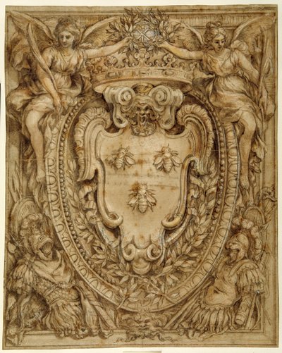 Arms of Don Taddeo Barberini, Principe di Palestrina (pero a inkoust s mytím a kvašem na papíře) od Pietro da Cortona