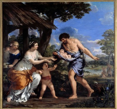 Romulus a Remus sesbírali Faustulus a jeho manželka Acca Laurentia Obraz Pierre de Cortona (Pietro Berrettini dit Pietro da Cortona (1596-1669). 1643 Ne. 2,51x2,65 m od Pietro da Cortona